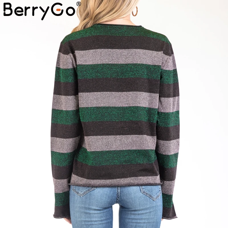 BerryGo Striped o neck bright silk sweater women winter 2018 Christmas long sleeve pullover sweaters female casual jumpers pull | Женская