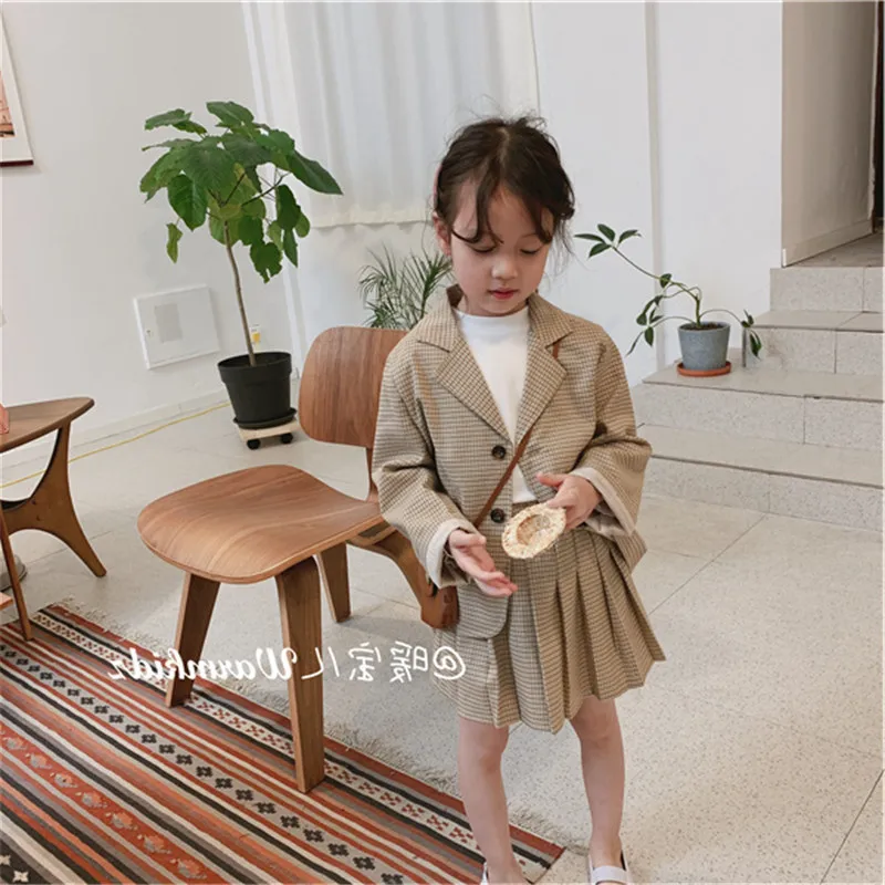 2pcs Kids Suits for Girls Kids Blazers Jackets+plaid Skirts Kids Girls Outerwear Jackets Set Girl Set Clothes Blazers Coat