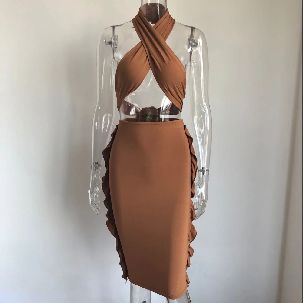XLLAIS хлопковый комплект из двух предметов с рюшами, женские облегающие Топы на бретельках, облегающие элегантные юбки, подходящие комплекты одежды для ночного клуба