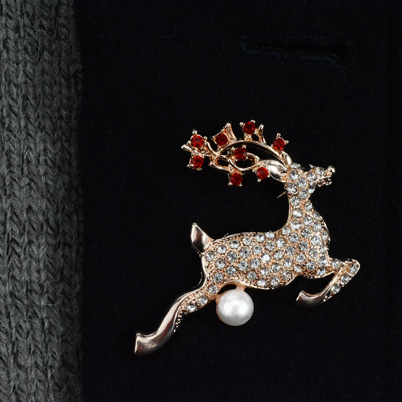 Red Crystal Christmas Deer Pins And Brooches For Women Metal Female Rhinestone Pearl Lapel Pin Suit Coats Scarf Jewelry Broche | Украшения