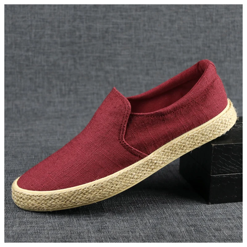 Модная мужская Вулканизированная обувь летние парусиновые Дизайнерские кроссовки дышащая мужская соломенная льняная повседневная обувь однотонная ткань мужские лоферы - Цвет: Burgundy