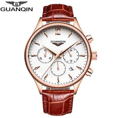 brown gold white Guanqin мужские часы Топ бренд класса люкс GUANQIN Мужские Бизнес наручные часы хронограф кожа кварцевые часы Relogio Masculino A - Цвет: brown gold white