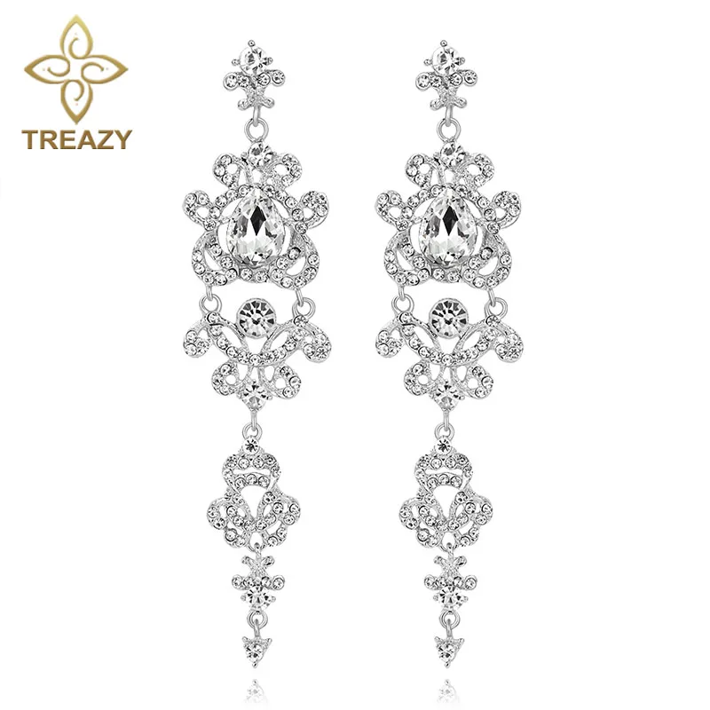 Женские длинные серьги люстры TREAZY серебристые свисающие со стразами свадебные