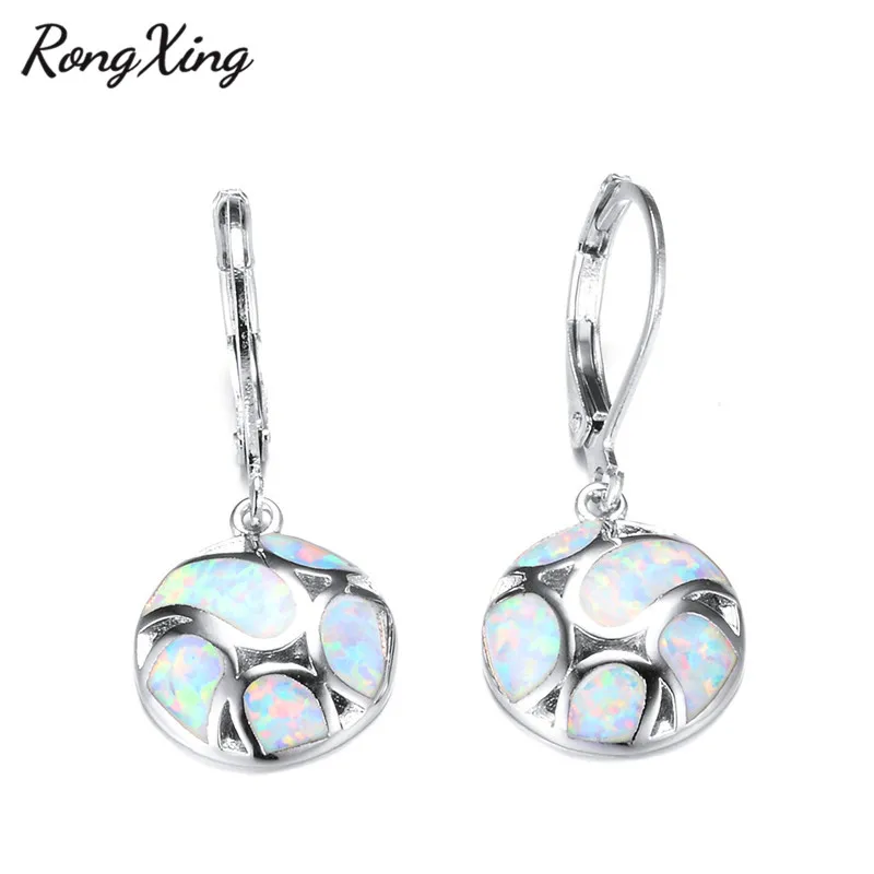 White RongXing дизайн 925 пробы заполненные серебром круглые висячие серьги синий/белый огненный опал камень серьги-капли в подарок Ear0825 - Окраска металла: White