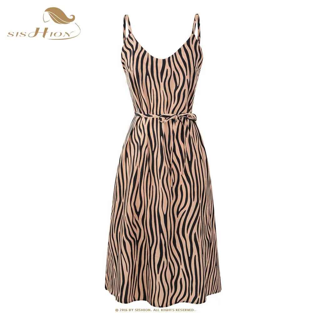 SISHION Summer Beach Dress Zebra Pattern Striped Women CD11151 Spaghetti Strap V Nech Chiffon Sexy Backless | Женская одежда