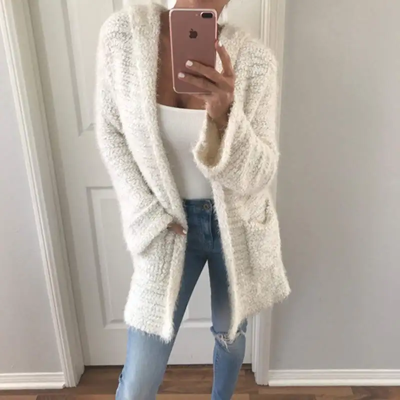 White Модный женский флисовый вязаный джемпер, кардиган, свободная Меховая куртка, верхняя одежда, топы, зимнее теплое пушистое пальто, куртка, Повседневный свитер - Цвет: White