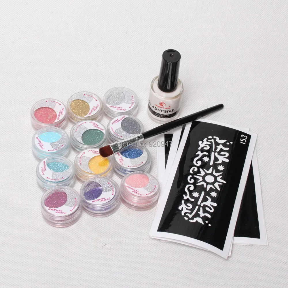 5 шт. трафареты и 12 цветов блестящая пудра щетки для нанесения клея тату наборы
