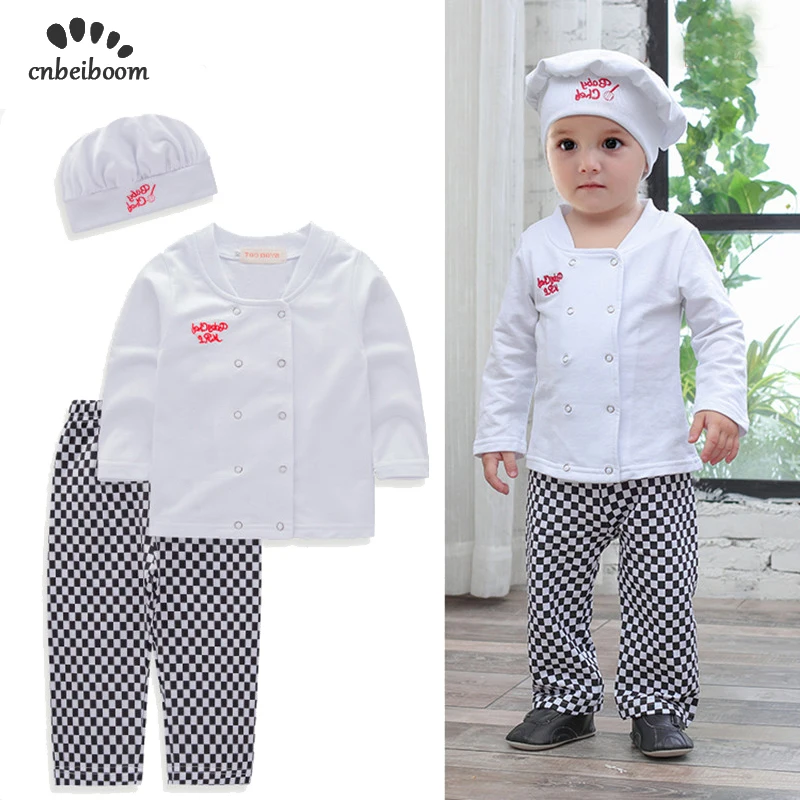 Baby boys sets chef play suit cotton white shirt+plaid pants+hat long sleeves toddler kids clothes outfit party costume |