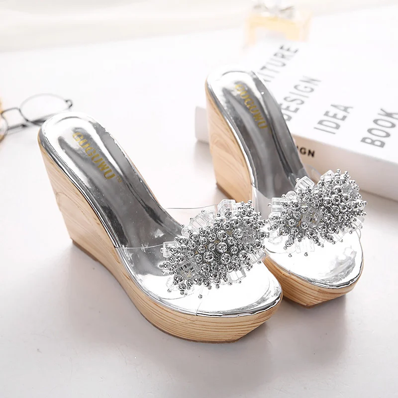 2019 летние женские Блестящий золотистый Серебристый прозрачный слайды на высоких