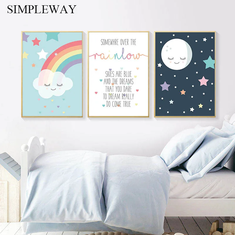 

Moon Rainbow Cloud Nursery Quotes Poster Print Wall Art Canvas Painting Nordic Kids Decoration Picture Child Baby Bedroom Decor