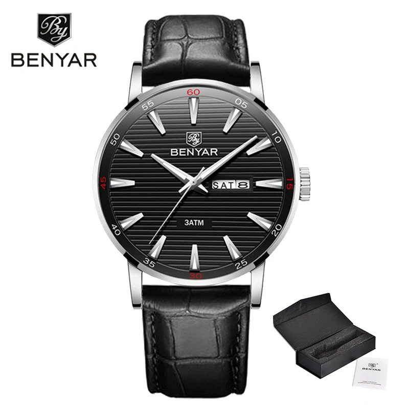 Silver Black L Новые мужские часы Топ бренд класса люкс BENYAR кварцевые наручные часы мужские модные повседневные кожаные часы Reloj Hombre светящиеся военные часы - Цвет: Silver Black L