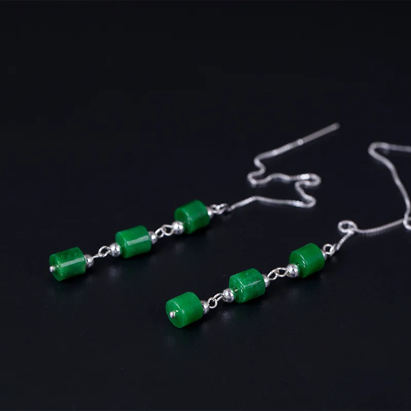 INALIS New Unique Long Ear Line Chain Brincos S925 Sterling Silver Cylinder Emerald Jade Fashion Drop Dangle Earring Jewelry | Украшения и