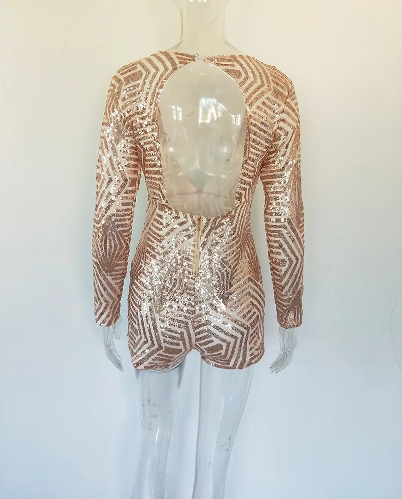 Beyprern сексуальный глубокий v-образный вырез с длинным рукавом ромперы с пайетками женский сексуальный короткий комбинезон блестящие Клубные вечерние облегающие комбинезоны