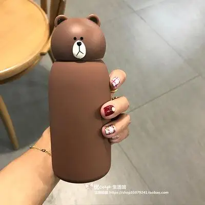 brown 300 мл бутылка для воды из нержавеющей стали портативный герметичный анти-горячий милый Медведь Кролик трехмерный вакуумный уличный туристический подарок - Цвет: brown