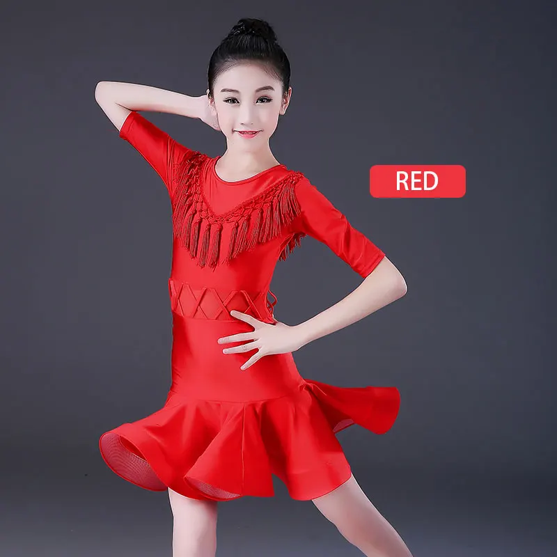 Red Платье для танцев в румбе для девочек, платье для танцев в латинском стиле, платье до колен с бахромой для сальсы, бальных танцев - Цвет: Red