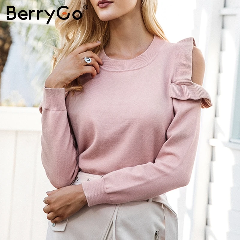 BerryGo Casual cold shoulder knitted sweater women Elegant Ruffle pink stringy pullover female Autumn winter jumper 2018 | Женская