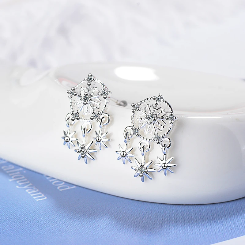 KOFSAC New Trendy 925 Silver Stud Earrings For Women Shiny Zircon Temperament Sweet Snowflake Earring Jewelry Girl Birthday Gift | Украшения