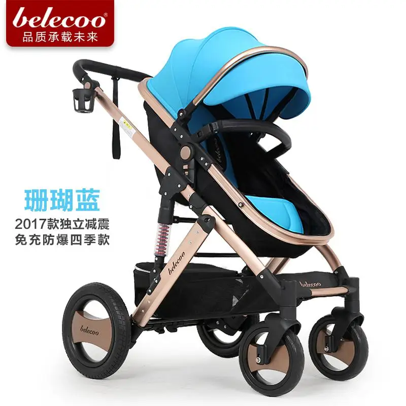 Belecoo bebe/детская коляска с высоким пейзажем, с двумя ручками, Противоударная, брендовая, четыре колеса, складная, детская коляска - Цвет: blue