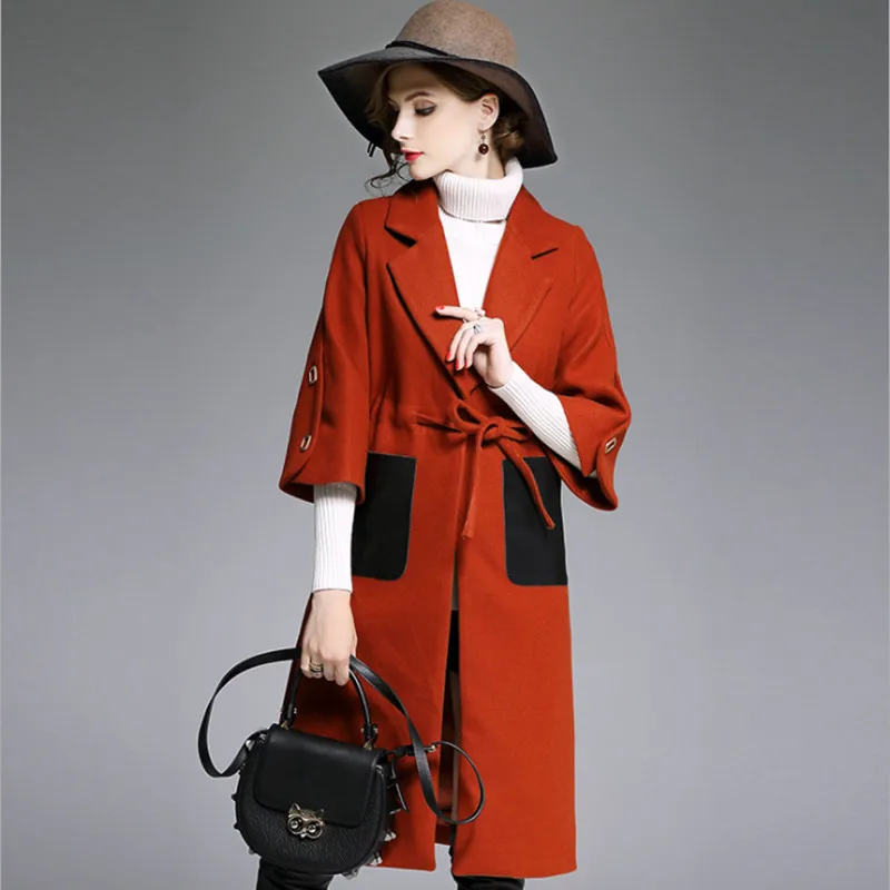 European New Style Elegant Woolen Coat Women Half Sleeve jacket Fashion Winter 2017 Ladies Slim PU Pocket Spliced Outwear coat |