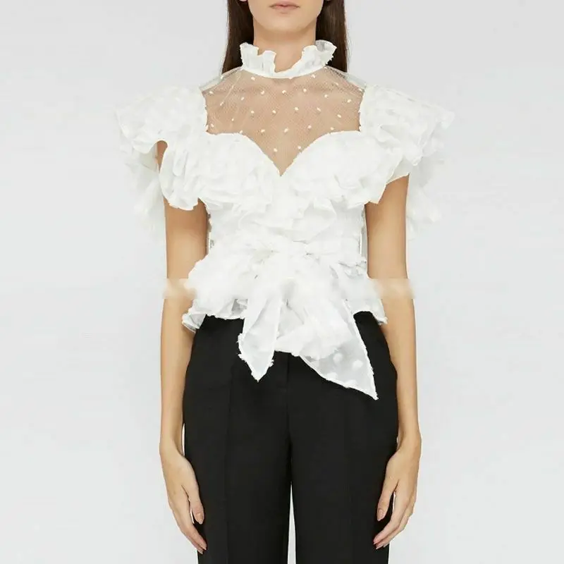 Женская кружевная блузка с коротким рукавом элегантная однотонная шифоновая