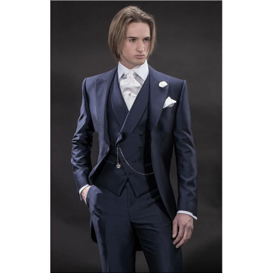 2017 New Morning style men suit Navy Blue Groom Tuxedos Groomsmen Men's Wedding Suits Best man Suits (Jacket+Pants+Vest+Tie)