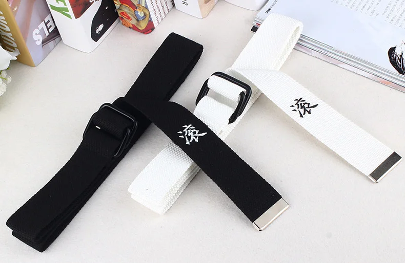 Black White Canvas Belt For Men Women Jeans Chinese Characters Personality Double Ring Buckle Belt Casual white Waistband Z3