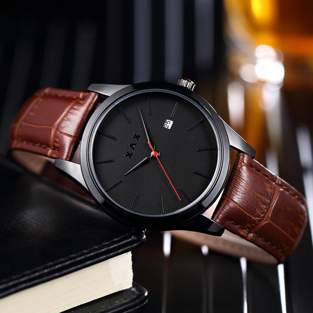 

Date Function Black Watches Japanese Quartz Movement Simple Window Leather Band Waterproof 30 Meters