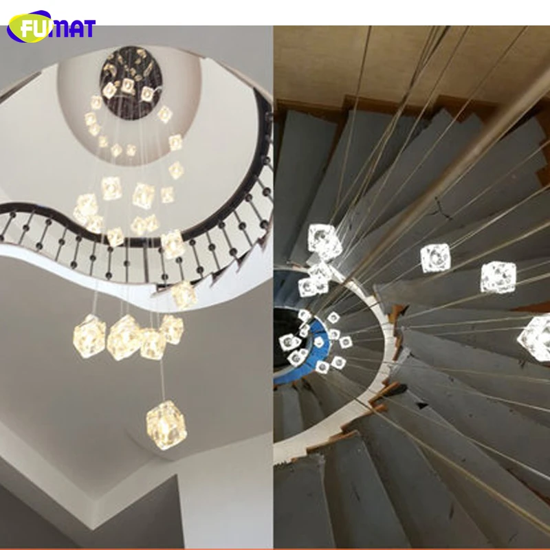 Goedkoop FUMAT Ice Cube Glas Wenteltrap Villa Kristallen Plafondlamp Moderne Stijl Piramide Lagen Lichten Penthouse Lustre Kroonluchters