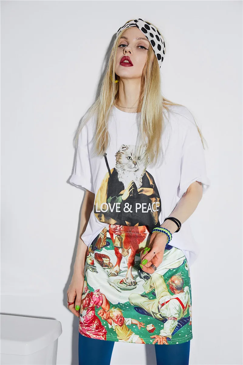 ELFSACK Vintage Cartoon Print Women Skirts Fashion A-Line Mid Waist Female Skirt Summer Streetwear Casual Femme Bottoms