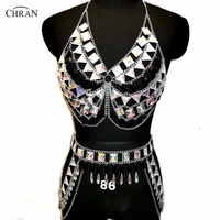 chran irridescent skirt edm party panty bra set chain necklace rave bra bralete festival dress costume wear ibiza jewelry crs406