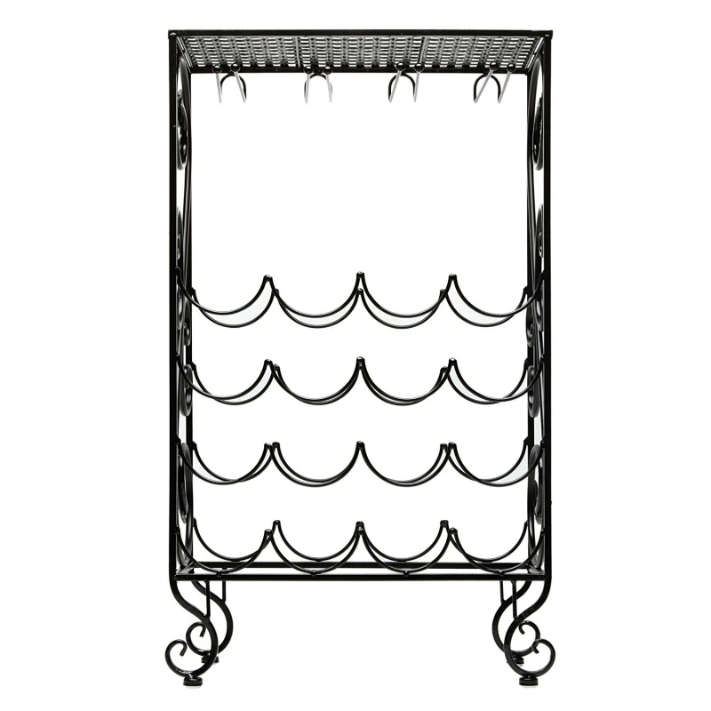 

Unique Metal Wine Rack 16 Bottle and 8 Wine Glass Grapevine Motif Wine Storage Organizer Display Rack