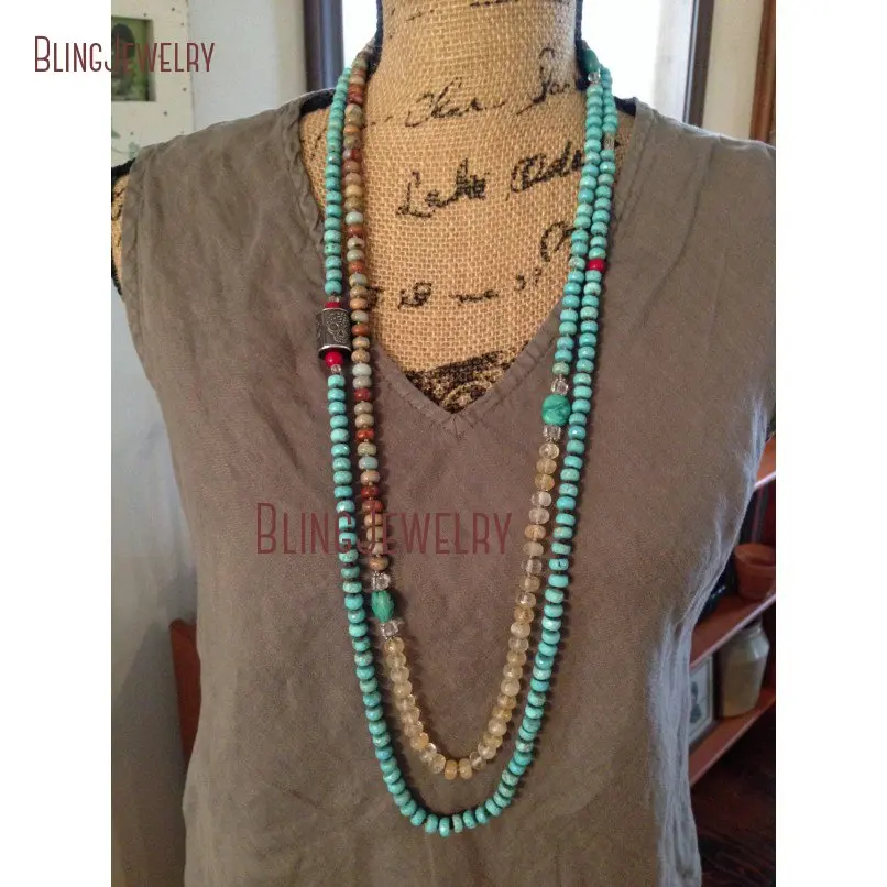 

Ожерелье на заказ с узелком, гранеными бирюзами, цитринами, африканским опалом, длинное многослойное ожерелье NM21468