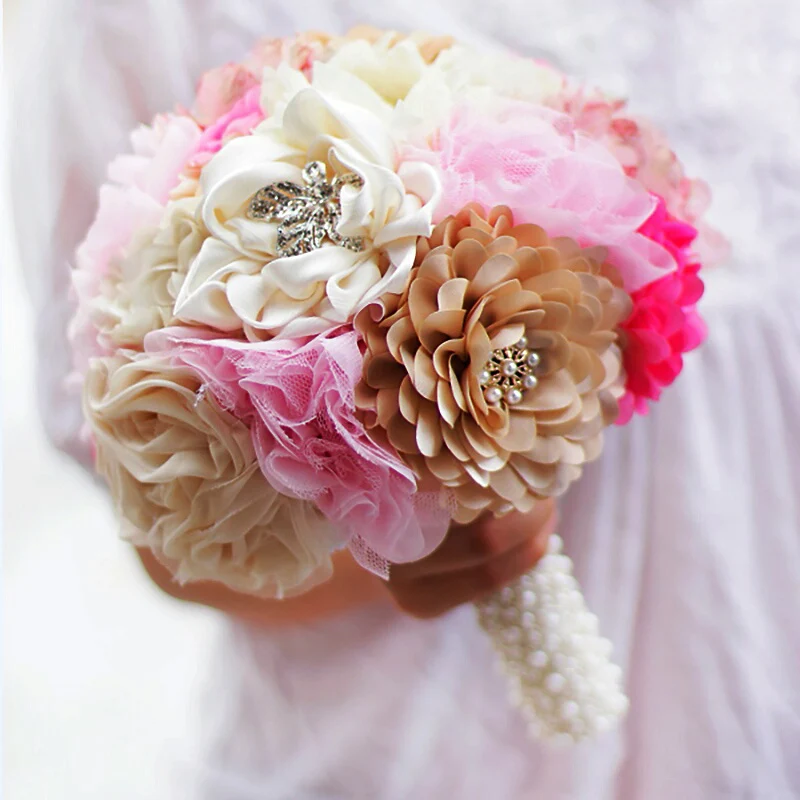 

Free shipping gold & ivory pink flower bridal brooch bouquet, Wedding Bride 's Jewelry crystal Pearl Cloth fabric Bouquets