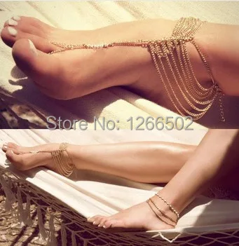 2015 New Fashion Beach Jewelry Sexy Multulayer Tassel Golden Chains Link Toes Anklets For Women | Украшения и аксессуары