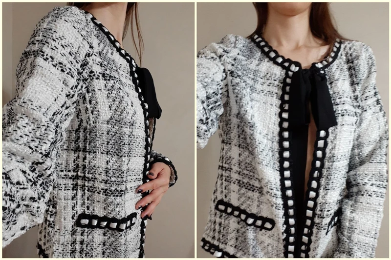 Sheinside, твидовое пальто с завязками на шее, Женская Осенняя куртка, черная и белая элегантная верхняя одежда, женские пальто и куртки