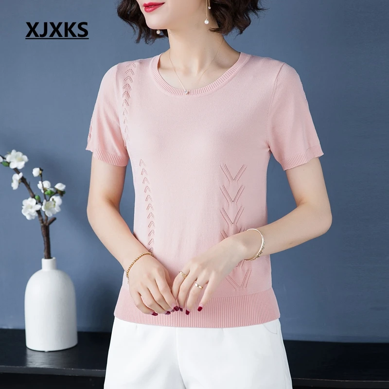 XJXKS, короткий рукав, топ,, вязаная, для молодых женщин, футболка, Femme, высокая эластичность, летние топы, повседневные, элегантные, для молодых женщин, футболки - Цвет: Розовый