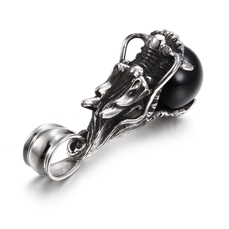 Punk Design Jewelry Gifts Large Black Stone Biker dragon Pendant Stainless Steel Men's Necklace | Украшения и аксессуары