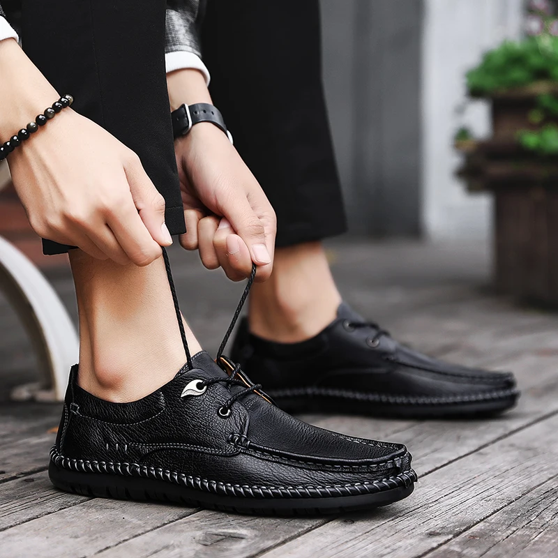 

2019 fashion men's shoes casual genuine leather cow breathable lace up shoe man classic brown black handmade flats shoes for men
