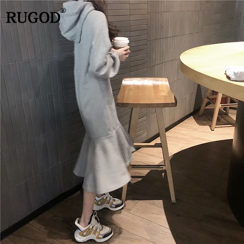 RUGOD/модное повседневное женское платье с длинным рукавом и капюшоном однотонное