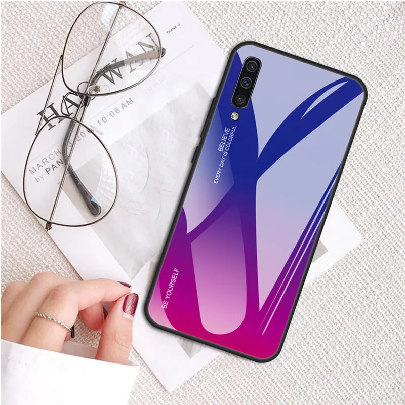 04 purple red Чехол для телефона с градиентным стеклом для samsung Galaxy M20 M10 A30 A50, чехол для Galaxy M10 M 20 10 A 30 50, чехол из закаленного стекла - Цвет: 04 purple red