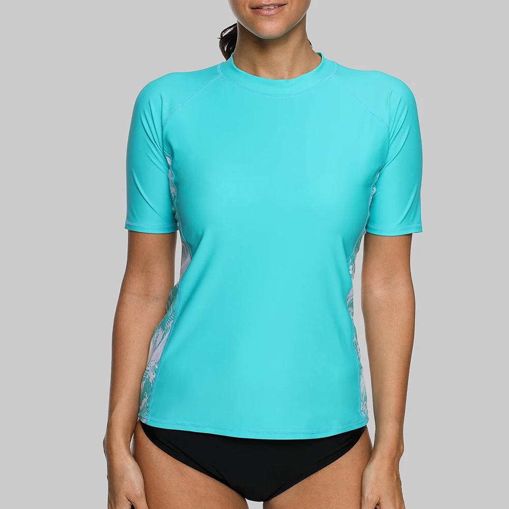 Charmleaks Women Short Sleeve Rashguard Swimsuit Floral Print Running Shirt Biking Shirt Surfing Top Swimwear Rash Guard UPF 50+