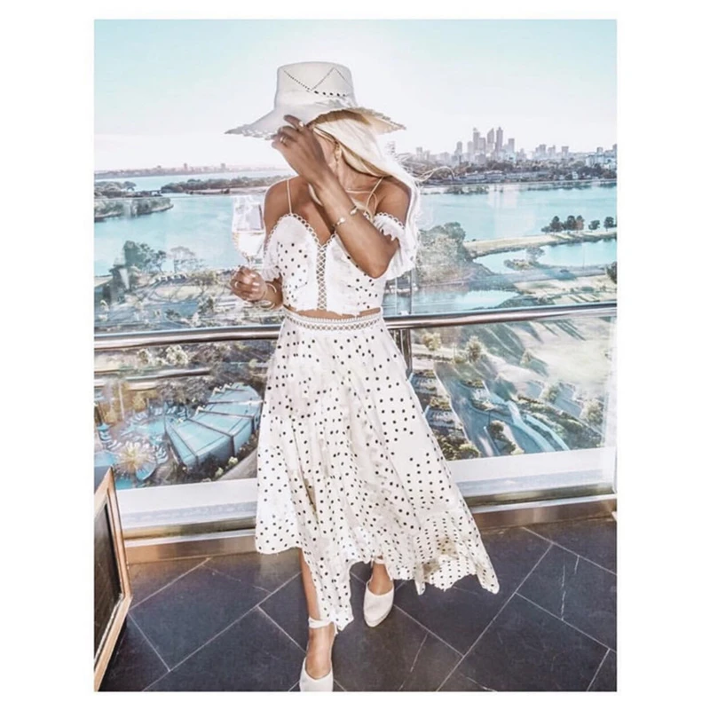 2019 Летняя женская стягивающая рубашка с оборками и асимметричная юбка в горошек