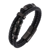 double woven leather bracelet for men punk jewelry black stainless steel magnetic clasp wristband fashion bangles gifts ph518