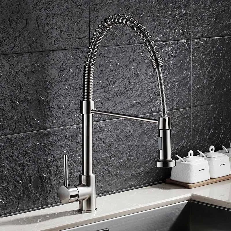 Brushed Nickel Смесители для кухни щетка латунные смесители для кухонной раковины Однорычажный Выдвижной пружинный носик смесительный кран Горячий Холодный водопроводный кран N22-058 - Цвет: Brushed Nickel