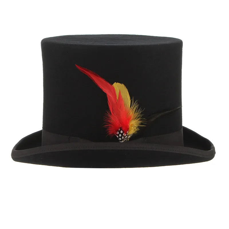GEMVIE 100% Wool Felt Beaver Top Hat With Feather Cylinder Hat For Women Men Mad Hatter Party Costume High Magician Cap