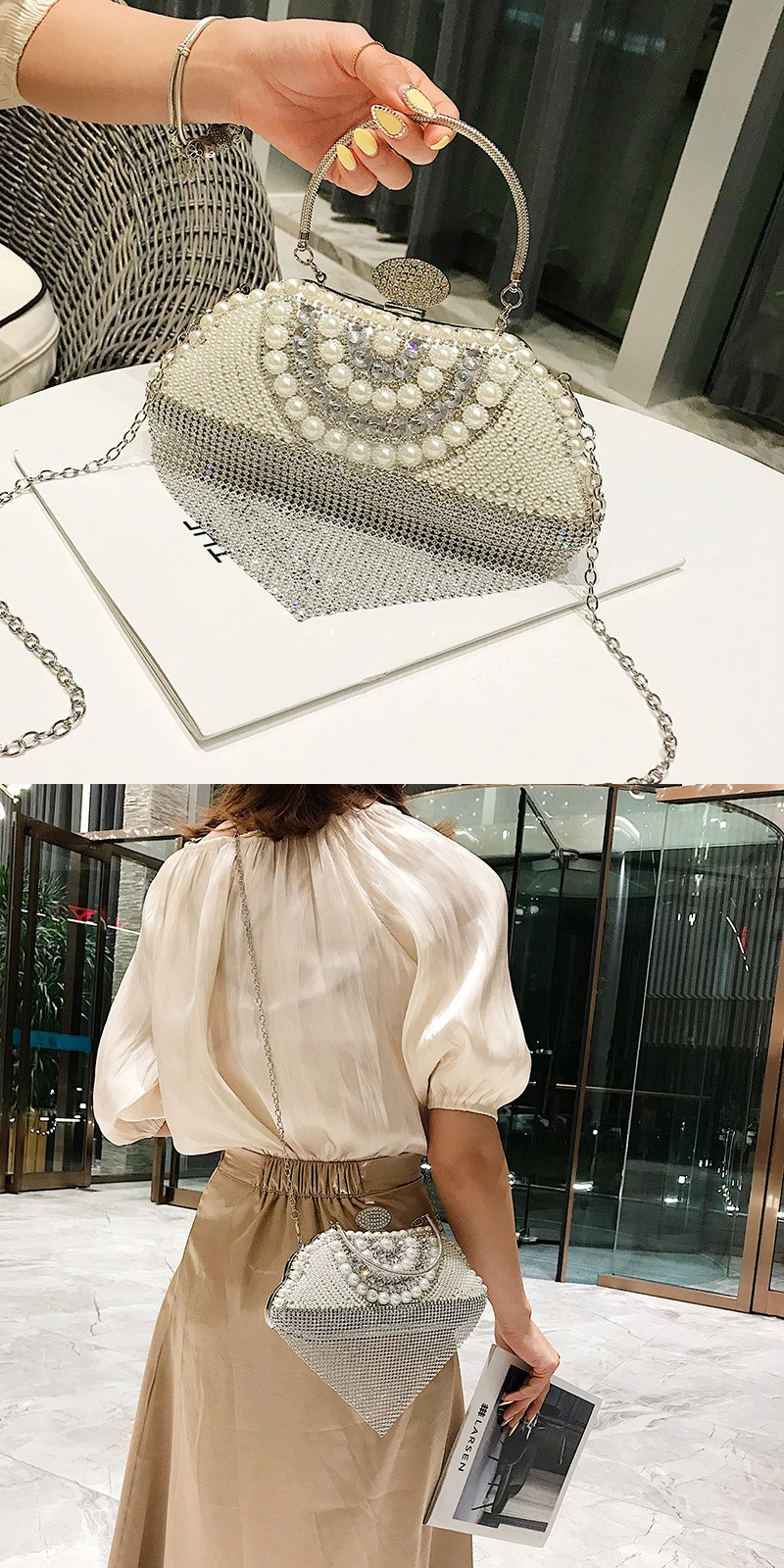 Newest tassel crystal women bag luxury imitation pearl evening bags wedding beaded day clutches small purse bag