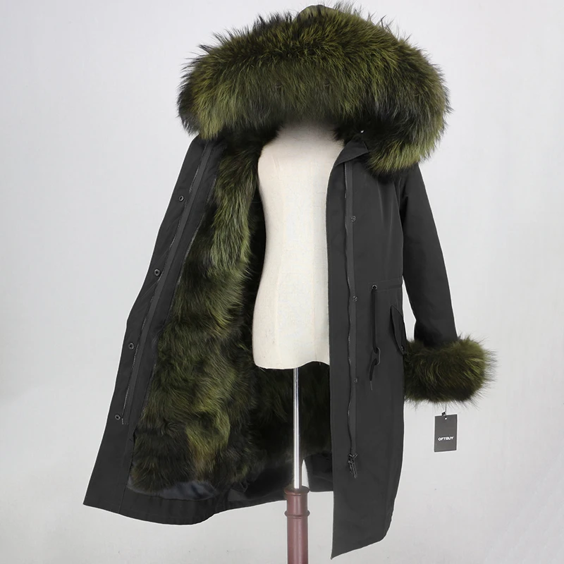 black green X-long парка, водонепроницаемая ткань, зимняя куртка, Женское пальто из натурального меха, натуральный мех енота, воротник, капюшон, манжеты, Лисий мех, подкладка, съемная - Цвет: black green