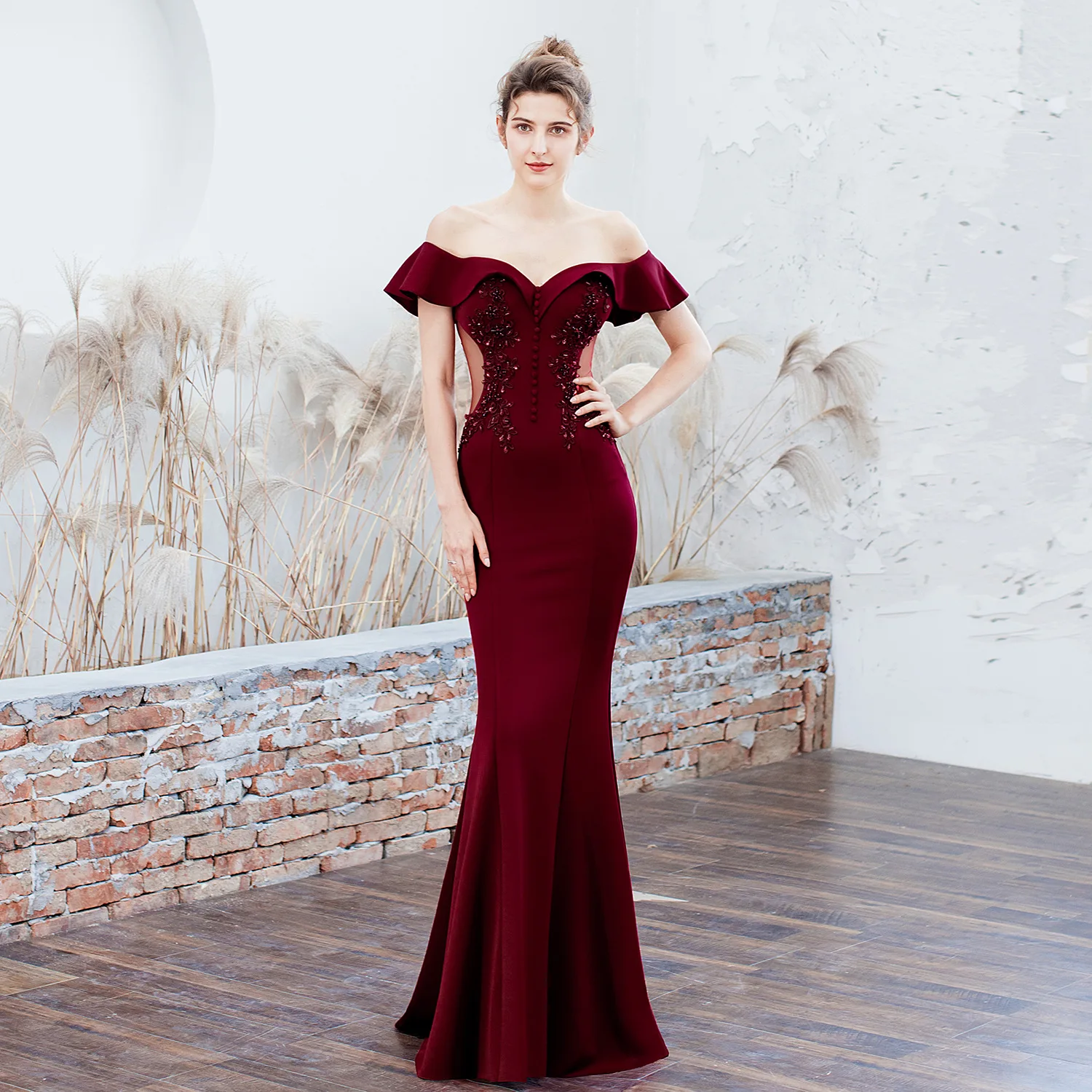 

2019 new toast clothing bride long red one shoulders' thank you feast slim fishtail skirt wedding evening dress woman lady