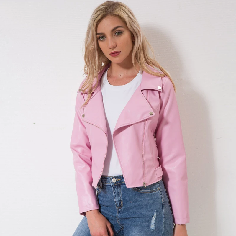 Pink Leather Jacket Women New Autumn Fashion Short Slim Zipper Pockets Waterproof Moto PU Faux Leather Coat Feminina LR267