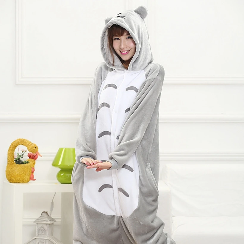 

Women Kigurumi Grey Totoro Pajamas Sets Flannel Hood Animal Pajamas kits Adult Winter Onesies Nightie Pyjamas Sleepwear Homewear